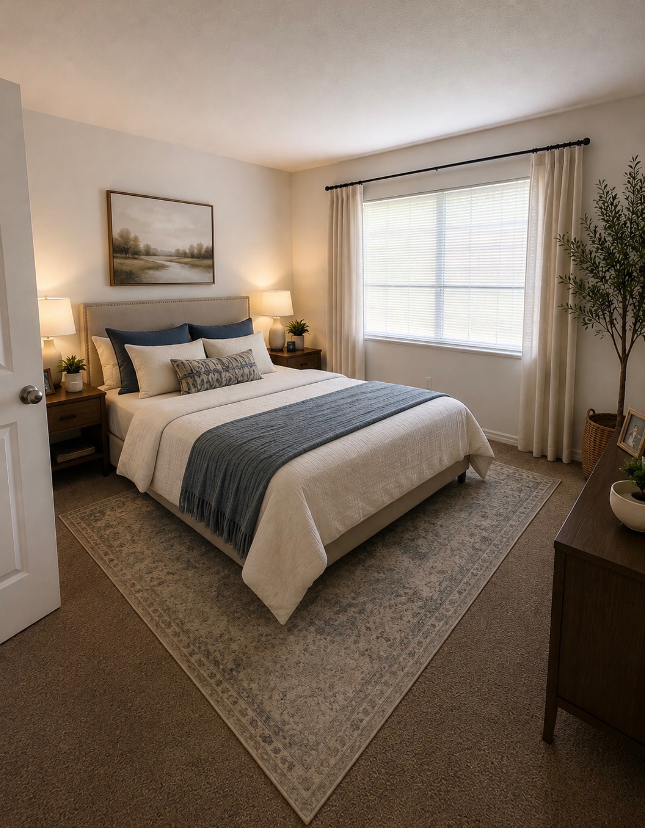 Spacious main bedroom with queen bed and large window