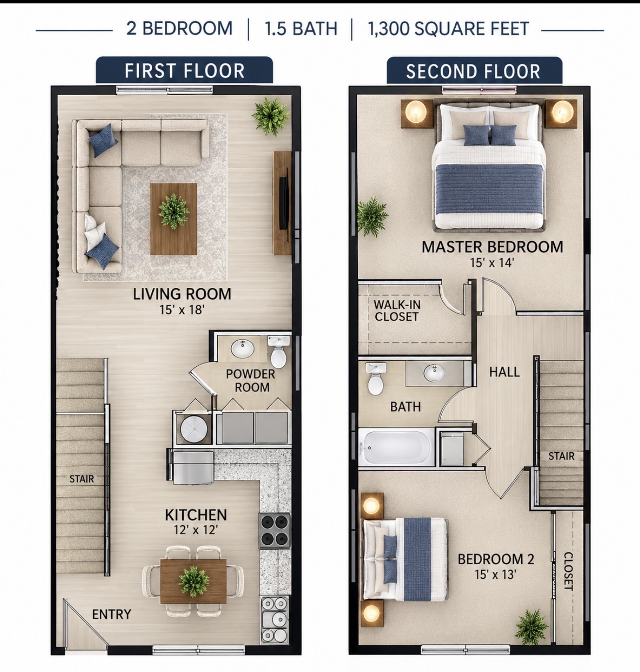 Weatherbee two bedroom, 1.5 bath townhome floor plan across two floors, 1,300 square feet