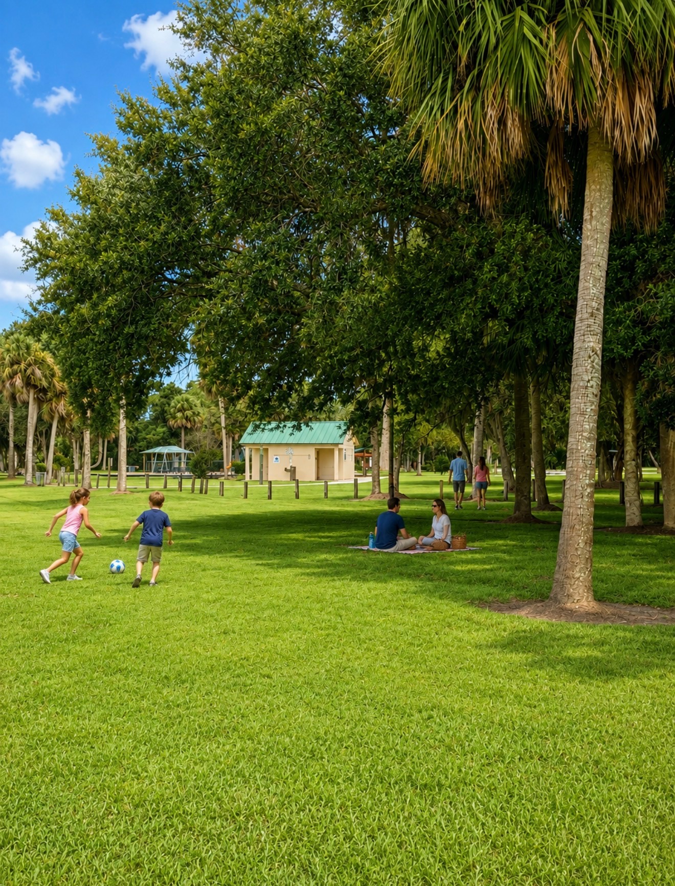 Nearby park with shaded picnic areas and open green space