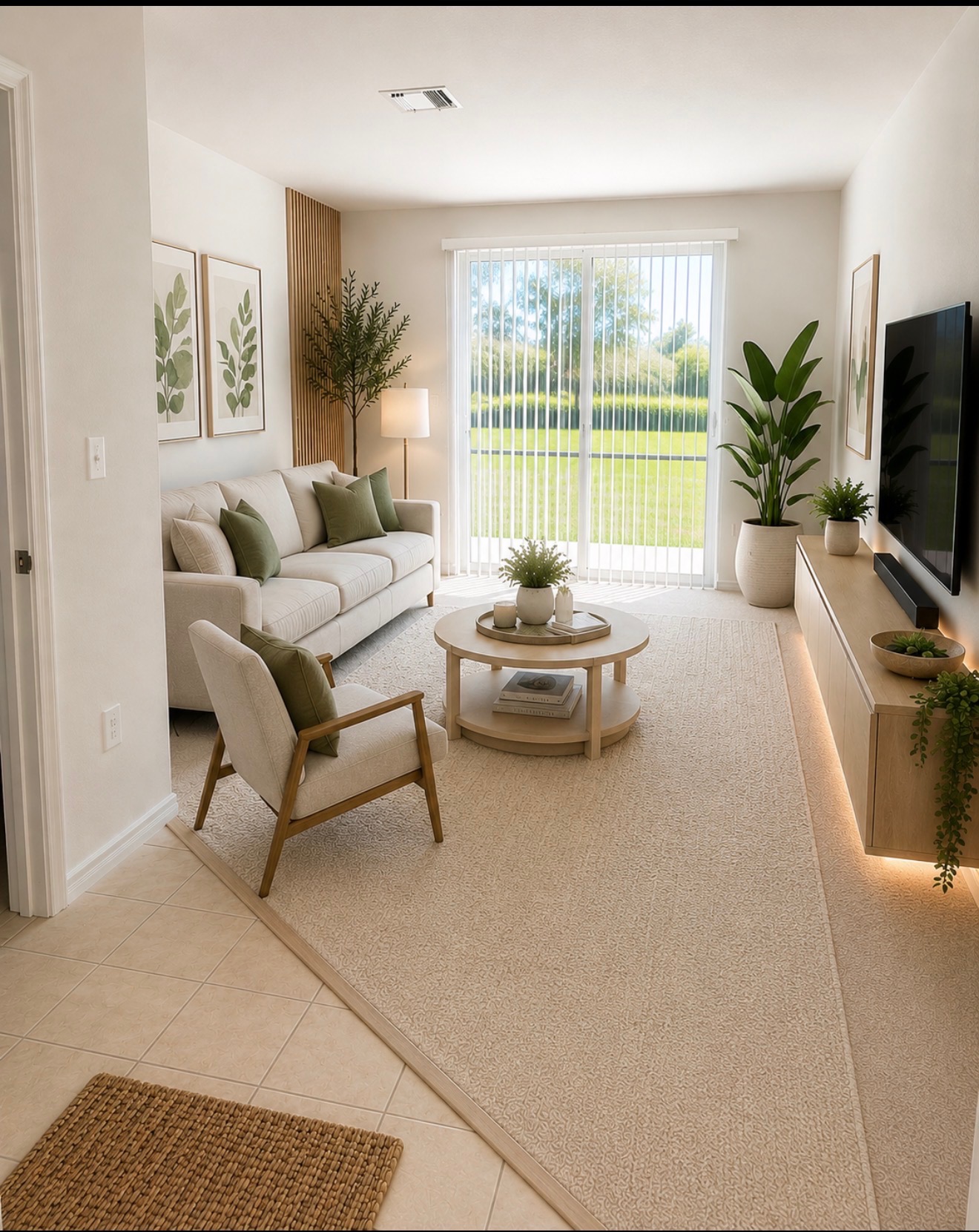 Bright living room with sliding glass door to the lawn