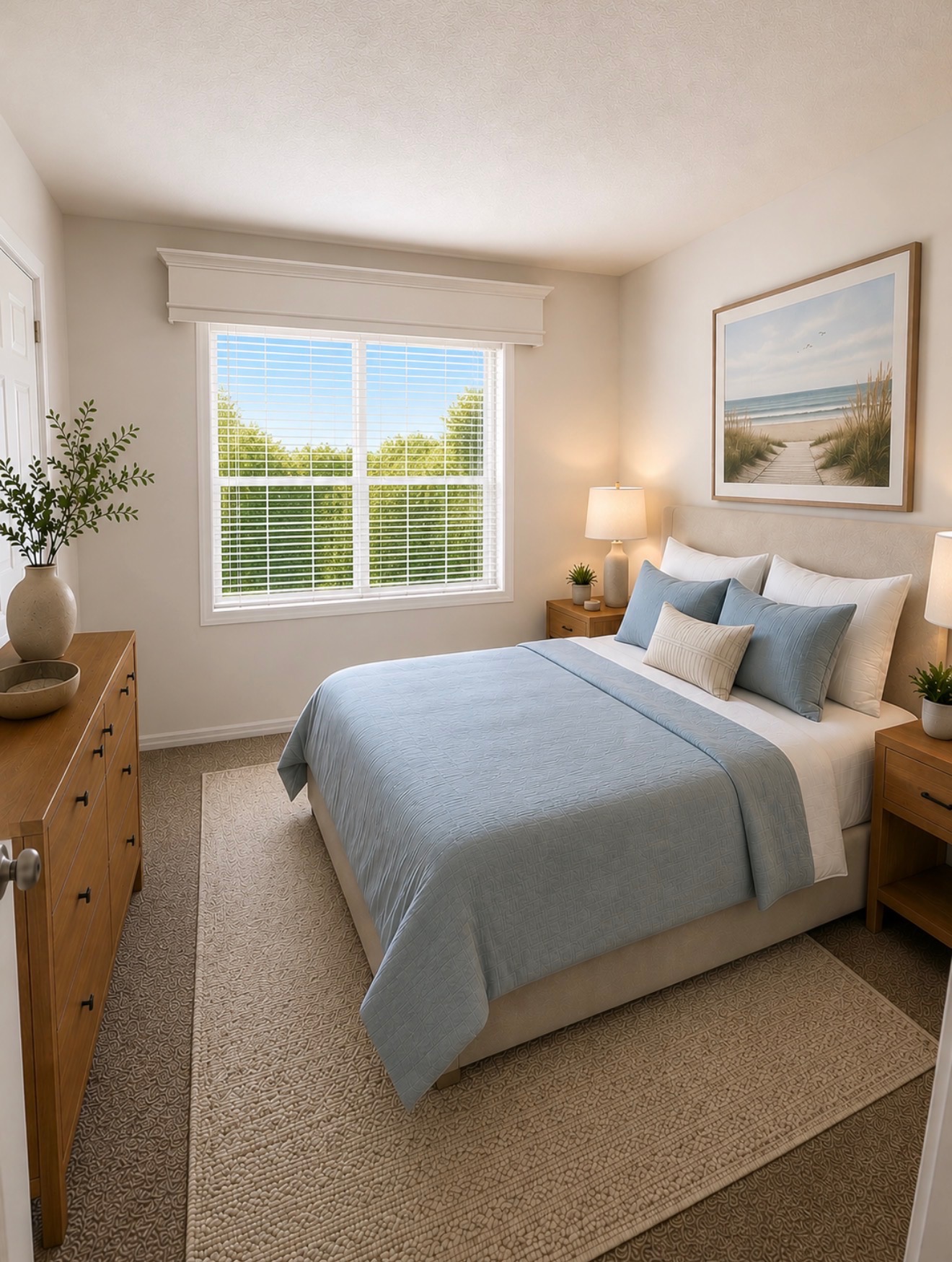Second bedroom with natural light and coastal decor